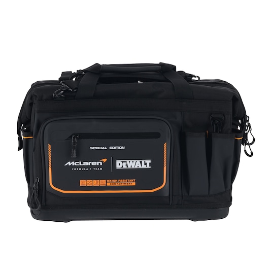 Black DEWALT tool bag with McLaren branding, multiple compartments, water-resistant, front zip pocket.