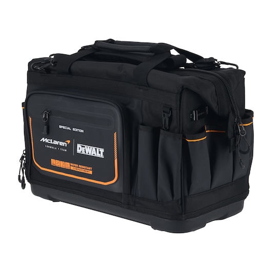 Black DEWALT McLaren tool bag, special edition with orange trim and multiple compartments, water-resistant front pocket.