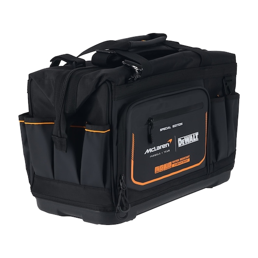 Black DEWALT tool bag with orange accents, multiple pockets, McLaren and DEWALT logos, water-resistant compartment.