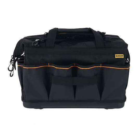 DEWALT black tool bag with multiple exterior pockets and handles, designed for carrying tools and accessories.