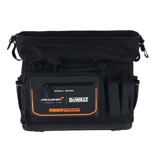 Black DEWALT tool bag with orange accents and multiple pockets, McLaren Formula Team special edition.