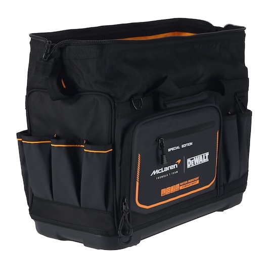Black DEWALT tool bag with orange accents, multiple pockets and water-resistant compartment, special edition.