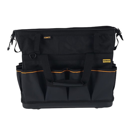 Black DEWALT tool bag with multiple pockets, orange trim, handles, and a zippered top.