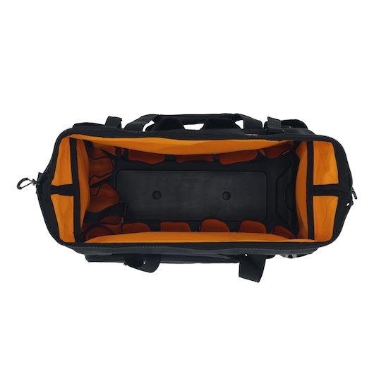 Top view of an empty black and yellow DEWALT tool bag with internal pockets and a rigid base.