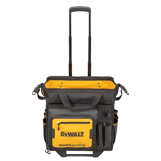 Black and yellow DEWALT rolling tool bag with handle, multiple pockets, and front zippered compartment.
