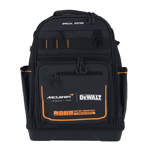 Black DEWALT McLaren backpack with orange details, multiple compartments and water resistant feature.
