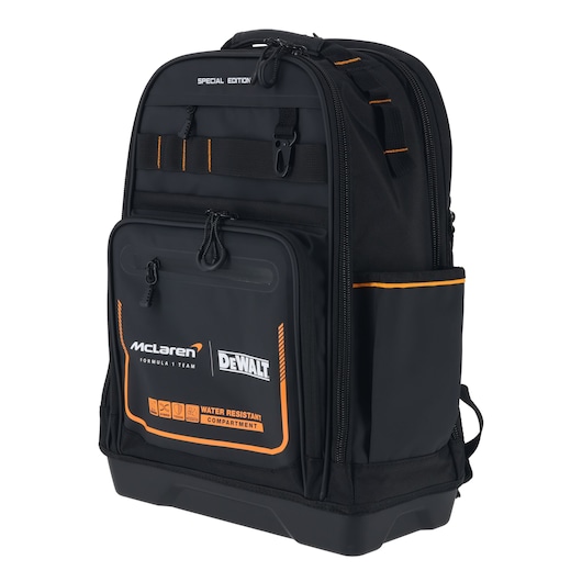 Black DEWALT McLaren Formula 1 Team backpack with orange accents and multiple compartments.