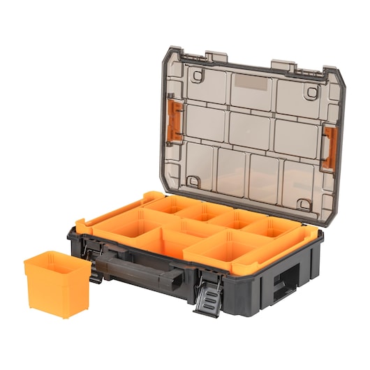 Open DEWALT organizer box with removable orange compartments and transparent lid.