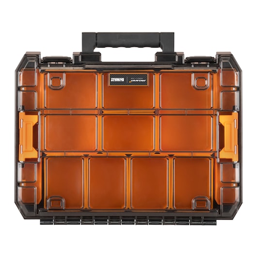 DEWALT orange and black plastic organizer case with compartments and a handle, closed and viewed from above.