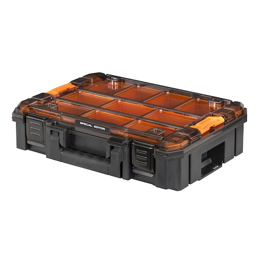 Black and orange DEWALT tool organizer box with clear lid and multiple compartments, Special Edition label.
