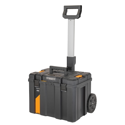 DEWALT black wheeled tool box with telescopic handle and orange accents.
