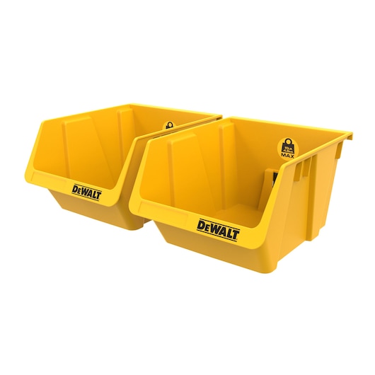 Two yellow DEWALT plastic storage bins with open front for easy access, ideal for organizing tools or parts.