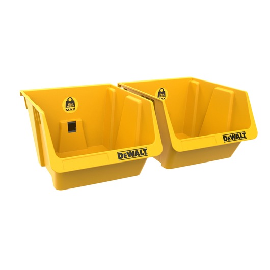 Two yellow DEWALT storage bins with open fronts, designed for organizing tools or parts.