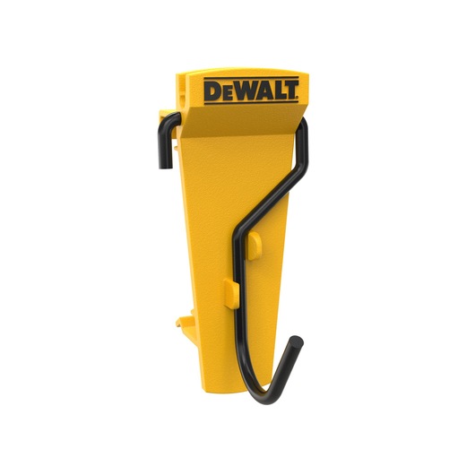 Yellow DEWALT wall hook with black metal arm for tool storage, shown on a white background.