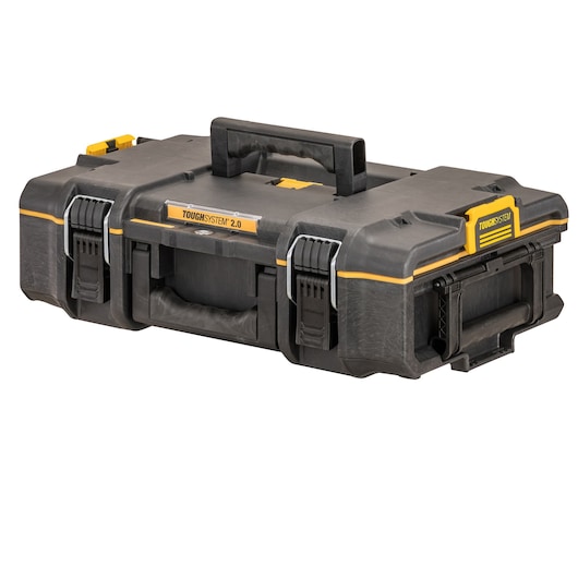 A DEWALT ToughSystem 2.0 tool box, made of durable black plastic with yellow accents, featuring secure latches and handles on the top and front for easy carrying and stacking.