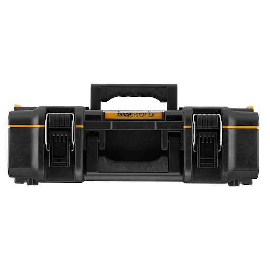 DEWALT ToughSystem 2.0 black toolbox with yellow accents, sturdy handle, and dual front latches.