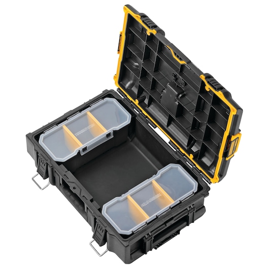 Open DEWALT toolbox with removable trays and yellow dividers for organized tool storage.