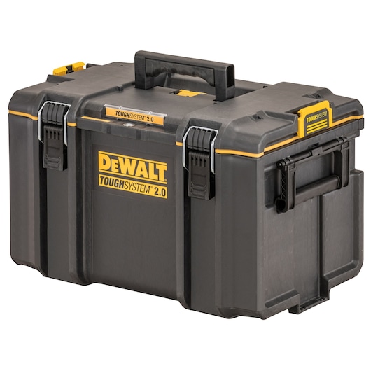 A DEWALT TOUGHSYSTEM 2.0 black and yellow tool storage box with a sturdy handle on top, two side handles, and latch closures. The DEWALT branding and TOUGHSYSTEM 2.0 label are visible on the front.