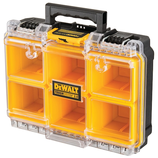 DEWALT ToughSystem 2.0 organizer case with clear lid and yellow compartments for tool storage.