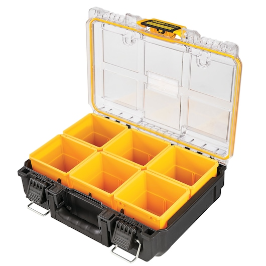 DEWALT organizer box with six yellow compartments, clear lid, and black base for tool storage.