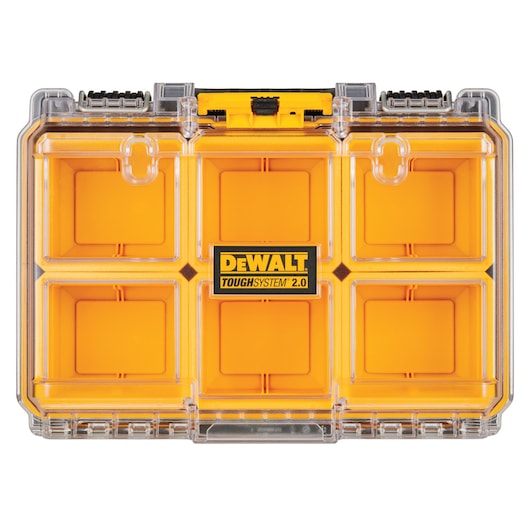 DEWALT ToughSystem 2.0 organizer with six yellow compartments and clear lid, shown closed.