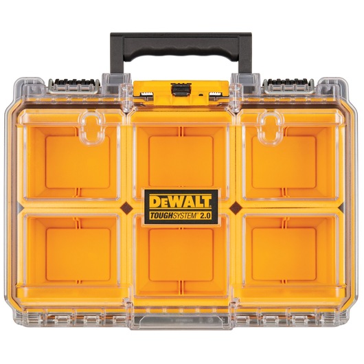 DEWALT ToughSystem 2.0 storage organizer box with six compartments and a black handle.