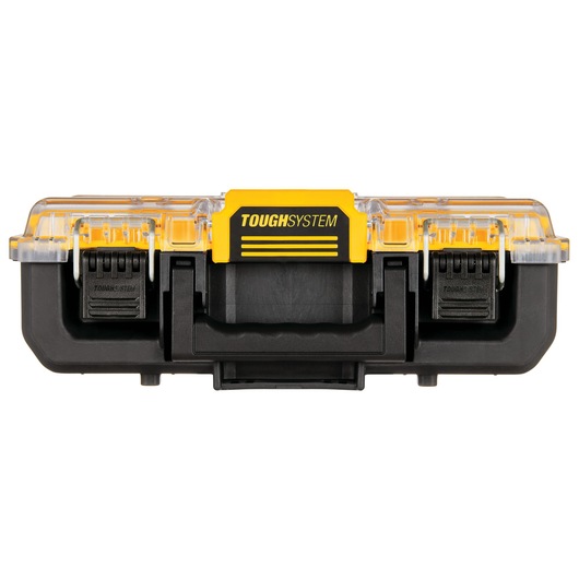 DEWALT ToughSystem storage box with yellow lid, clear cover, and black latches, shown from the front.