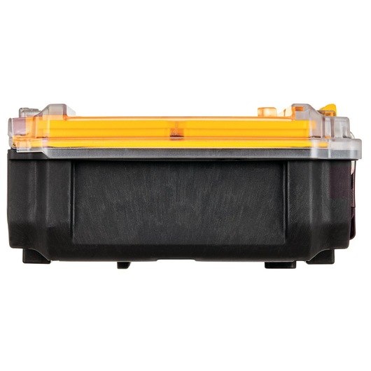 Front view of a DEWALT black and yellow storage box with a transparent lid, photographed against a white background.