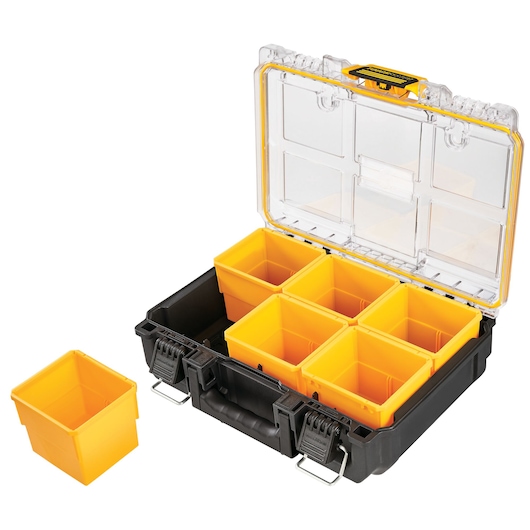 Black toolbox with clear lid and six yellow removable storage containers, one placed outside.