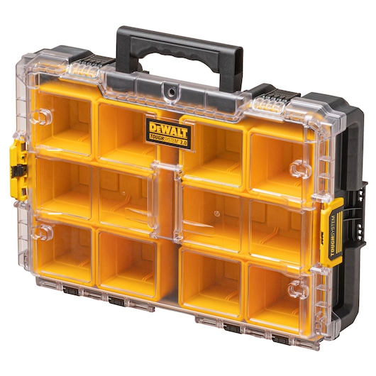 A DEWALT ToughSystem 2.0 yellow plastic organizer box with a transparent lid and multiple compartments, designed for storing small tools or accessories. The case has a black handle and secure locking mechanisms.