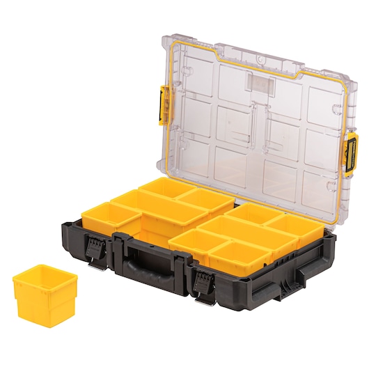 A DEWALT storage organizer box with a transparent lid, black base, and multiple yellow removable compartments for sorting small items.