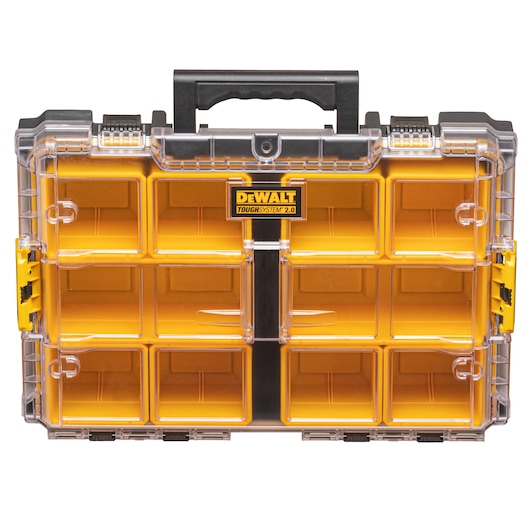 DEWALT ToughSystem 2.0 organizer box with a black handle, transparent lid, and multiple yellow compartments for tool and accessory storage.