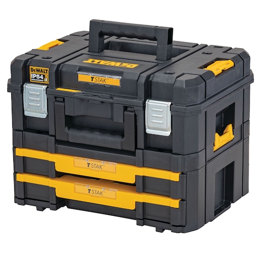 A black and yellow DEWALT TSTAK stackable tool storage box with two drawers, metal latches, handles, and IP54 water resistance label.