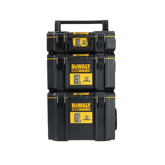 Stacked black and yellow DEWALT ToughSystem 2.0 tool storage boxes with handles and latches, suitable for heavy-duty tool organization and transport.