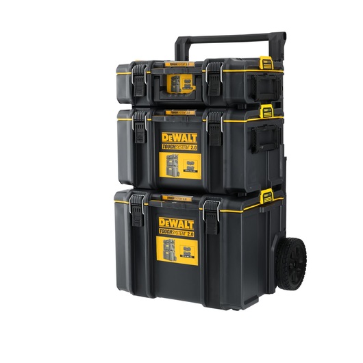 Stacked DEWALT ToughSystem 2.0 black toolboxes with yellow labels and latches, mounted on wheels and a pull handle, designed for secure storage and transport of tools.