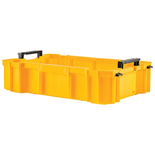 Yellow DEWALT stacking toolbox with black handles, rectangular shape, for organizing tools or accessories.