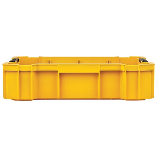 Yellow DEWALT storage box with black clips, viewed from the front on a white background.