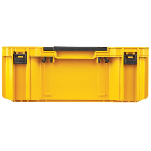 Yellow DEWALT tool box with black latches and handle, shown from the front with closed lid.