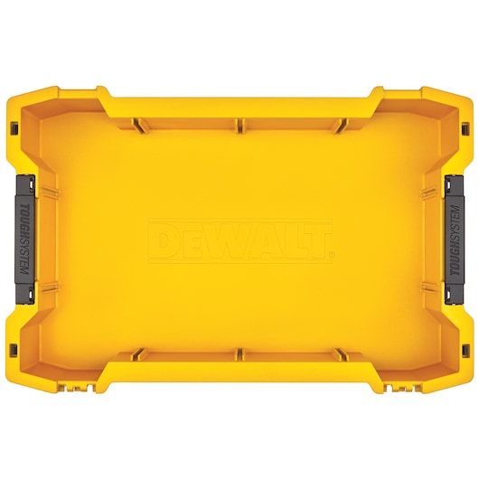 Yellow DEWALT storage box lid, rectangular shape, ToughSystem branding on black side clips.