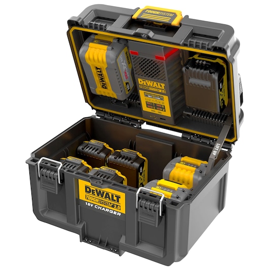 A DEWALT ToughSystem 2.0 18V Charger box shown open, containing multiple DEWALT batteries and an integrated charging unit. The box is rugged and heavy-duty, with yellow and black branding.