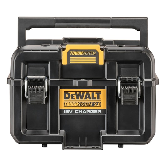 A black DEWALT ToughSystem 2.0 18V Charger case with yellow accents. It has a rugged plastic build, sturdy handle, and secure metal latches, suitable for jobsite use.