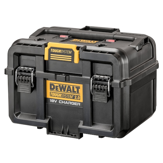 A black DEWALT ToughSystem 2.0 18V Charger case with yellow accents and two secure latches on the front.