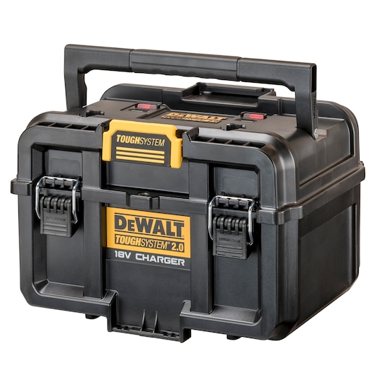 A DEWALT ToughSystem 2.0 18V Charger case, black with yellow accents, featuring a sturdy handle and heavy-duty latches.