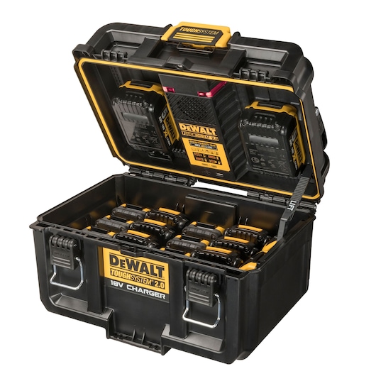 A DEWALT ToughSystem 2.0 18V Charger case is shown open, revealing multiple battery chargers and batteries organized inside. The sturdy black and yellow case features latches and a carrying handle.