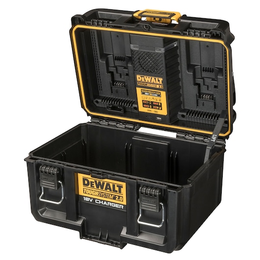 A DEWALT ToughSystem 2.0 toolbox with the lid open, showing the built-in charging station for 18V batteries inside. The box is black with yellow accents and metal handles.