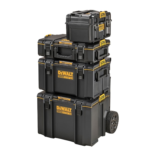 A stack of four black DEWALT ToughSystem 2.0 tool boxes with yellow accents, including a wheeled base box, shown against a white background.