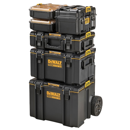 A stack of black DEWALT ToughSystem 2.0 tool storage boxes with yellow accents, featuring wheels and handles for easy transport. The boxes are various sizes and are securely attached together.
