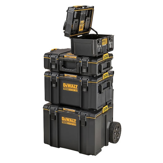Stacked DEWALT ToughSystem 2.0 black storage boxes with yellow accents, including one box with its lid open at the top, all mounted on a wheeled base.