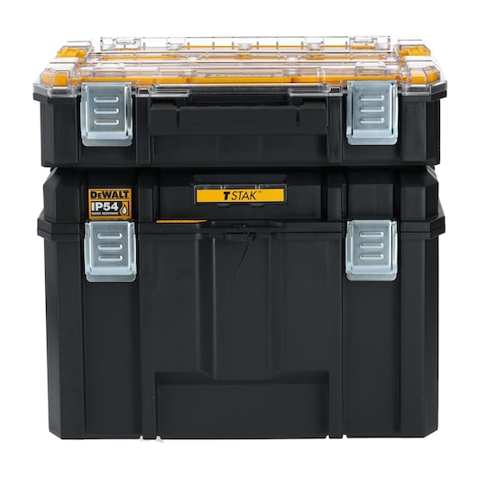 Stackable DEWALT TSTAK storage box with clear lid, metal latches, and IP54 water resistance label.