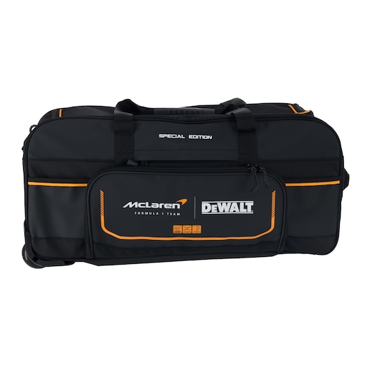 Black DEWALT special edition tool bag with McLaren branding, orange accents, carrying handles, and front zipper pocket.